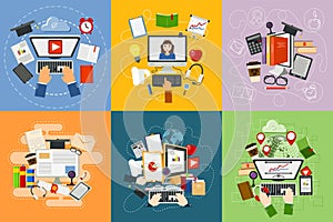 Online education concept study flat design web mobile services e-learning learn computer network information vector
