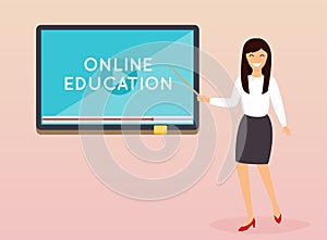 Online education concept. Teacher with tablet. E-learning. Flat