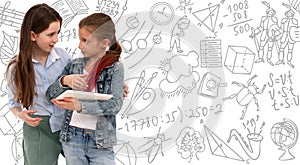 Online education concept. Two girls show a new application on a digital tablet. Abstract white background in doodle style