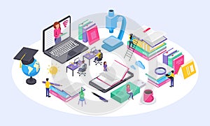 Online education concept. University students studying at home using computer. Isometric online courses, virtual