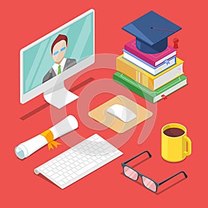 Online education concept. Vector 3d isometric icons of internet learning, training and study