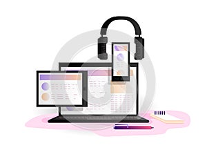 Online education concept, vector illustration. Study, learning online with laptop, tablet, smartphone and headphones photo