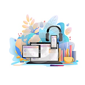 Online education concept, vector illustration. Study, learning online with laptop, tablet, smartphone and headphones photo