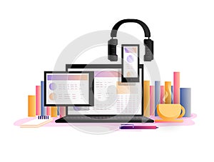 Online education concept, vector illustration. Study, learning online with laptop, tablet, smartphone and headphones photo