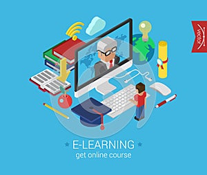 Online education course e-learning flat 3d isometric concept