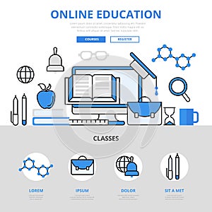 Online education course library concept flat line art vector icons