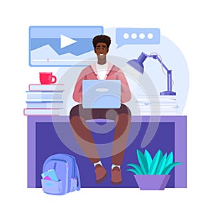 Online education or courses vector concept with black young student studying at home in internet.