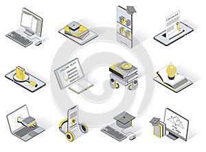 Online education 3d isometric icons set. Pack elements