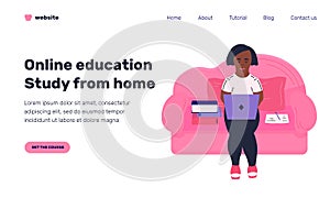 Online education or distance courses landing page template. African americal girl with laptop sits on sofa and studies from home. photo