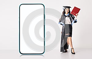Online education, e-learning concept with big blank cellphone with white screen