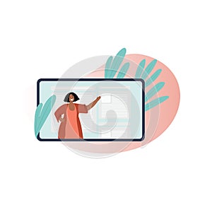 Online education and e-learning concept flat illustration. Landing page design element. Teacher is teaching the course