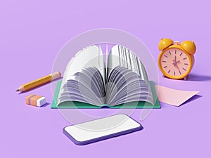 Online education or e-learning concept, open books on purple background, online tutorials course. 3d render illustration