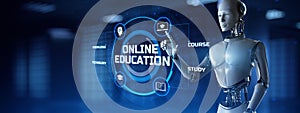Online education e-learning concept. Robot pressing button on screen 3d render