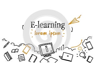 Online education e-learning concept sketch doodle horizontal isolated copy space