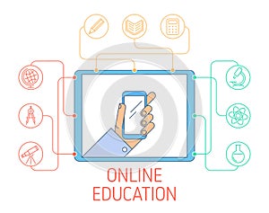 Online education and e-learning concept vector line illustration