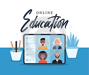 Online education, e-learning, online course concept, home school vector illustration. students on laptop computer screen, distance