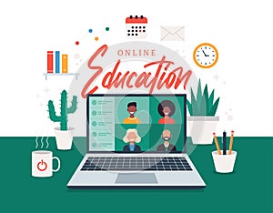 Online education, e-learning, online course concept, home school vector illustration. students on laptop computer screen, distance