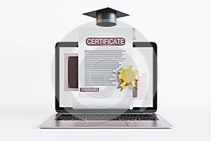 Online education, e-learning and courses concept with front view on qualification certificate with golden seal, black graduation