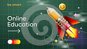 Online education, e-learning. Flying pencil rocket on green chalkboard with checkered pattern. Back to school web banner