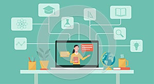 Online education or e-learning, home school, woman teacher teaching on laptop screen