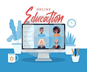 Online education, e-learning, online course concept, home school vector illustration. students on laptop computer screen, distance