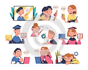 Online Education and E-learning with People Characters Having Lesson on Web Platform Vector Set