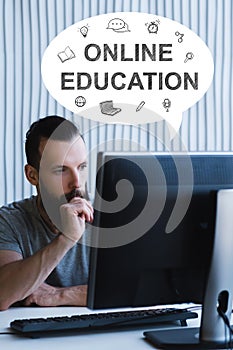 online education e-learning technology pensive man