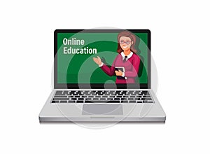 Online education, e-learning with woman teacher on laptop concept in cartoon illustration vector on white background