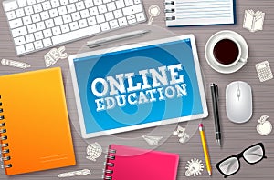 Online education elearning vector banner. Elearning online education text in tablet`s screen