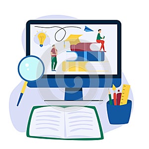 Online education flat background with big books and people. People read book.