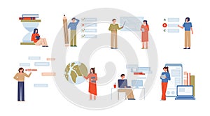 Online education flat vector illustrations set. E learning, university distance classes. Exam preparation tests isolated