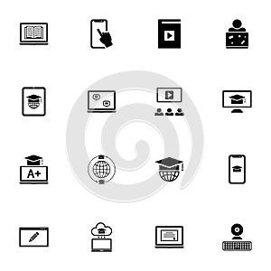 Online Education icon - Expand to any size - Change to any colour. Perfect Flat Vector Contains such Icons as diploma, webcam,