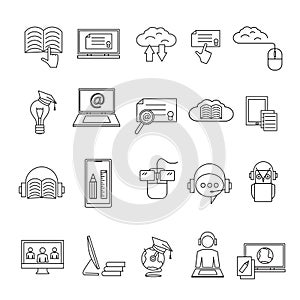 Online education icon. Line symbol of students studying. University or school signs set. Web technology. Laptop and tablet.