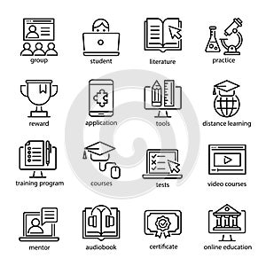 Online education icon set, internet studying course