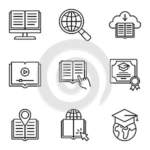 Online education icon set, internet studying course. E-learning, education, online school