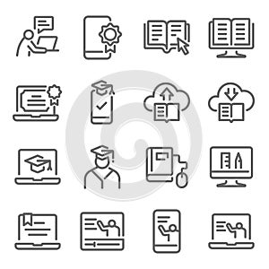 Online education icon set vector illustration. Contains such icon as e-learning, Graduate, Social distancing, Tutorial, Training, photo