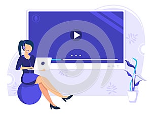 Online education infographic, Woman worker sitting on a round sofa, business communication concept. Flat style illustration