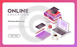 Online education isometric concept. Distance learning, online courses, web education, study from home. Vector isolated