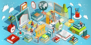 Online education Isometric flat design. The concept of learning and reading books in the library and in the classroom.