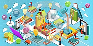 Online education Isometric flat design. The concept of reading books in the library and in the classroom. Concept of education