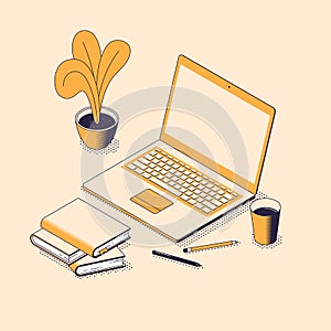 Online education isometric vector illustration with laptop, heap of paper books and pencils.