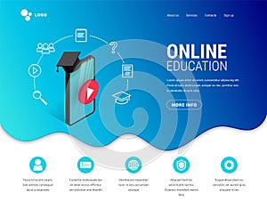 Online education Landing page design concept. Online learning, webinar, distance education, e-learning, training web