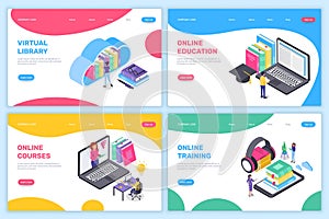Online education landing page. Isometric learning at home, virtual school, university. Online training courses, digital