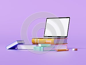Online education on laptop concept, E-learning at home prevent covid 19. laptop computer and books on purple background. 3d render