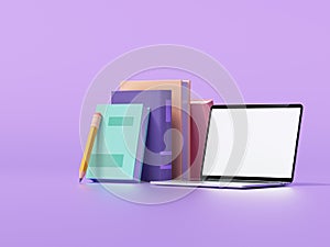 Online education on laptop concept, E-learning at home prevent covid 19. laptop computer and books on purple background. 3d render