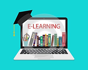 Online education in laptop. School library in laptop. Online tutorial of university. Book on computer for e learning. Knowledge at