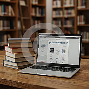 Online Education Laptop and Stack of Books in Library Setting