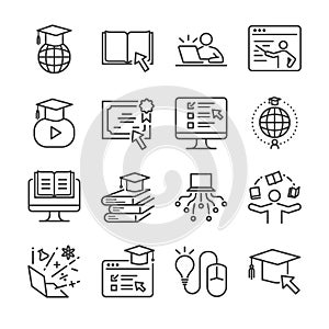 Online education line icon set. Included the icons as graduated, books, student, course, school and more.