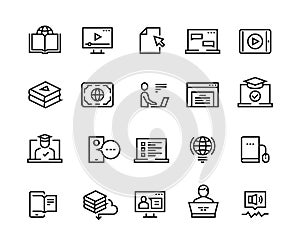 Online education line icons. E-learning computer training, online distant education, laptop tutorial. Educational video photo
