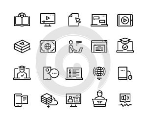 Online education line icons. E-learning computer training, online distant education, laptop tutorial. Educational video